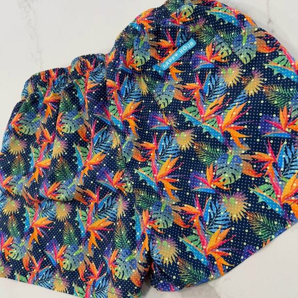 Happy Hour Blue Nylon Leaf Print Drawstring Swim Trunk Board Shorts Men’s Large - Picture 5 of 7